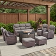 thumbnail image 1 of Opohoro 8 Pieces Outdoor Conversation Set with 43" Rectangular Fire Pit Table, Brown Rattan Sofa Set with 4 Swivel Rocker Chairs and Ottomans, Gray for Patio Backyard Deck, 1 of 15