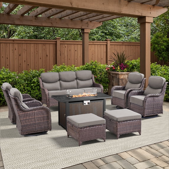 Opohoro 8 Pieces Outdoor Conversation Set with 43" Rectangular Fire Pit Table, Brown Rattan Sofa Set with 4 Swivel Rocker Chairs and Ottomans, Gray for Patio Backyard Deck