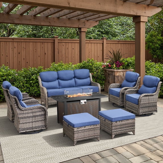 Opohoro 8 Pieces Outdoor Conversation Set with 43" Rectangular Fire Pit Table, Gray Rattan Sofa Set with 4 Swivel Rocker Chairs and Ottomans, Blue for Patio Backyard Deck