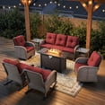 thumbnail image 1 of Opohoro 8 Pieces Outdoor Conversation Set with 43" Metal Fire Pit Table, Gray Rattan Sofa Set with 4 Chairs and End Tables, Red for Patio Backyard, 1 of 17