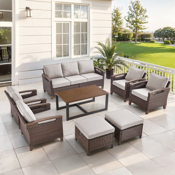 Opohoro 8-Pieces Outdoor Conversation Set with Wicker Lounge Chairs, Ottomans and Coffee Table, Beige