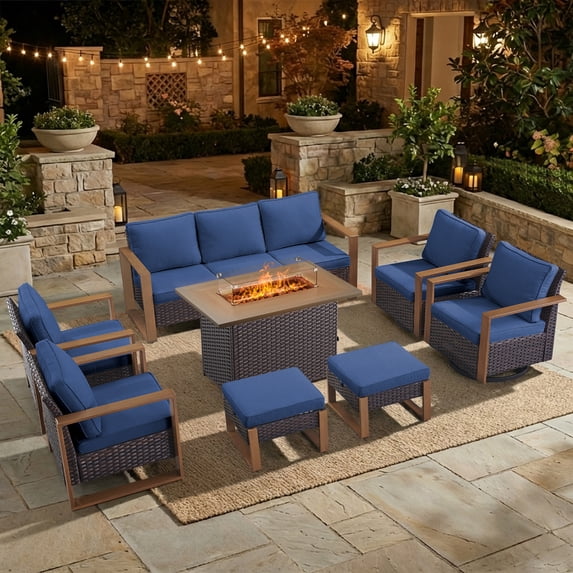 Opohoro 8PCS Outdoor Conversation Set with 43" Wicker Fire Pit Table, Brown Rattan Sofa Set with 4 Patio Chairs and Ottomans, Blue for Patio Backyard