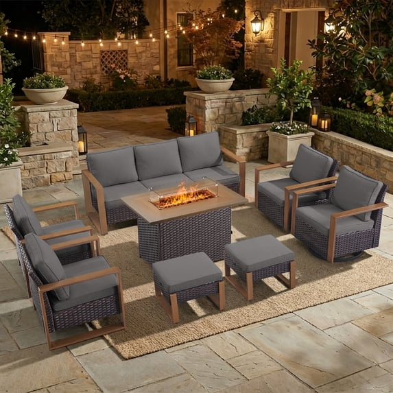 Opohoro 8PCS Outdoor Conversation Set with 43" Wicker Fire Pit Table, Brown Rattan Sofa Set with 4 Patio Chairs and Ottomans, Gray for Patio Backyard