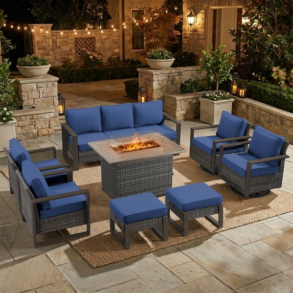 Opohoro 8PCS Outdoor Conversation Set with 43" Wicker Fire Pit Table, Gray Rattan Sofa Set with 4 Patio Chairs and Ottomans, Blue for Patio Backyard