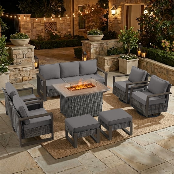 Opohoro 8PCS Outdoor Conversation Set with 43" Wicker Fire Pit Table, Gray Rattan Sofa Set with 4 Patio Chairs and Ottomans, Gray for Patio Backyard