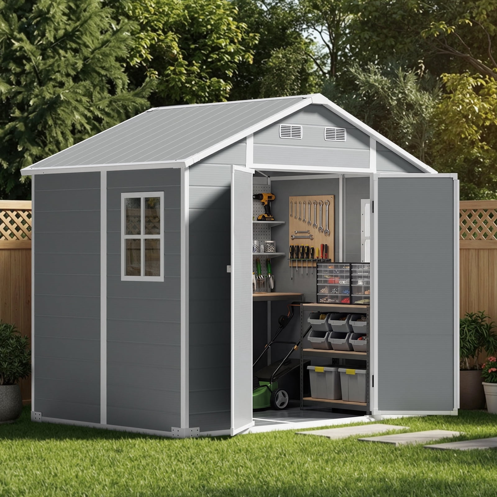 Opohoro 8x6 FT Outdoor Resin Storage Shed with Floor, Lockable Door