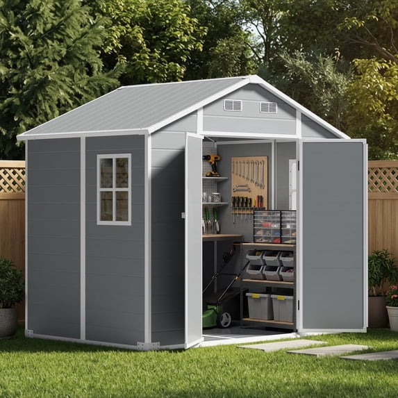Opohoro 8x6 FT Outdoor Resin Storage Shed with Floor, Lockable Door, Vent & Window, Heavy Duty Plastic Garden Tool Shed for Backyard, Gray
