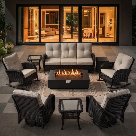 Opohoro 9-Piece Outdoor Patio Fire Pit Set with Sofa and Flat Arm, 43" Fire Pit Table, Propane Tank Cover for Deck Backyard