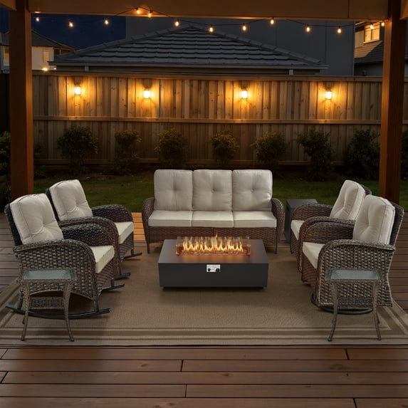 Opohoro 9-Piece Outdoor Patio Fire Pit Set with Sofa and Flat Arm, 43" Fire Pit Table, Propane Tank Cover for Deck Backyard