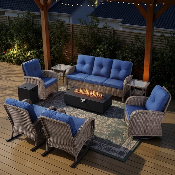 Opohoro 9-Piece Outdoor Patio Fire Pit Set with Sofa and Flat Arm, 43" Fire Pit Table, Propane Tank Cover for Deck Backyard