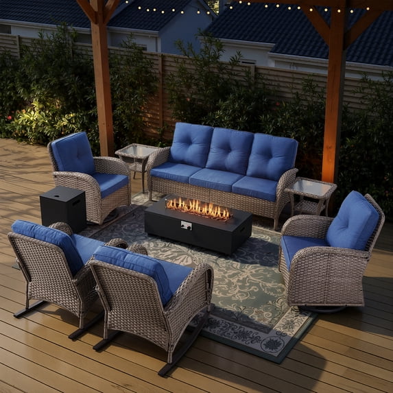 Opohoro 9-Piece Outdoor Patio Fire Pit Set with Sofa and Flat Arm, 43" Fire Pit Table, Propane Tank Cover for Deck Backyard