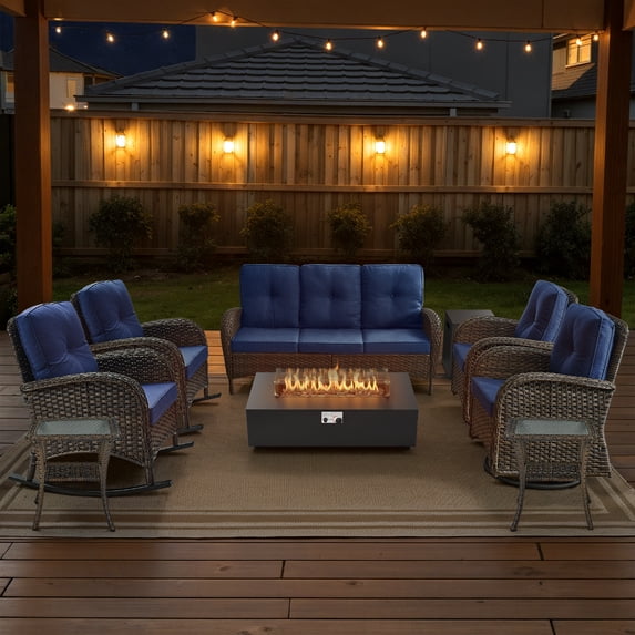 Opohoro 9-Piece Outdoor Patio Fire Pit Set with Sofa and Flat Arm, 43" Fire Pit Table, Propane Tank Cover for Deck Backyard