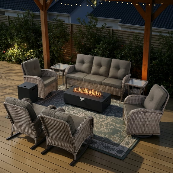 Opohoro 9-Piece Outdoor Patio Fire Pit Set with Sofa and Flat Arm, 43" Fire Pit Table, Propane Tank Cover for Deck Backyard