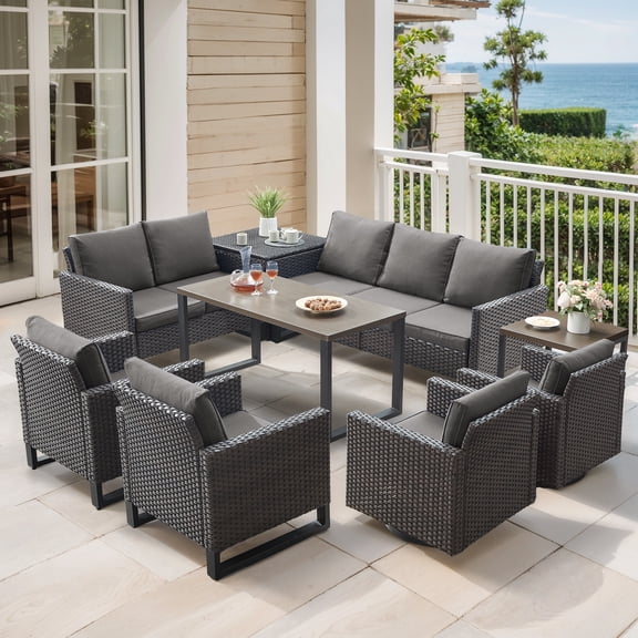 Opohoro 9 Pieces Outdoor Sectional Seating Group With Wicker Water Resistant Storage Deck Box, Swivel Rockers and Coffee Table, for Porch Backyard