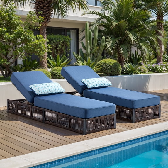 Opohoro Adjustable Outdoor Rattan Wicker Chaise Lounge Set of 2, Outdoor Reclining Chairs for Garden Pool Backyard Deck, Blue