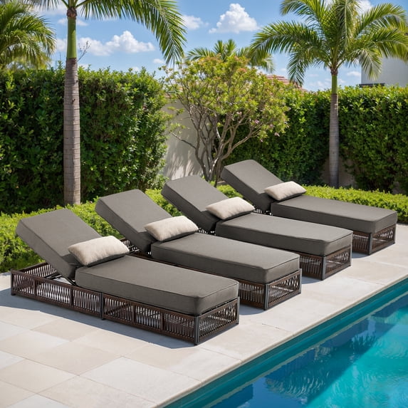 Opohoro Adjustable Outdoor Rattan Wicker Chaise Lounge Set of 4, Outdoor Reclining Chairs for Garden Pool Backyard Deck, Gray
