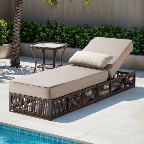 Opohoro Adjustable Outdoor Rattan Wicker Chaise Lounge for Patio, Poolside with Side Table and UV-Resistant 5" Thick Cushion - Gray