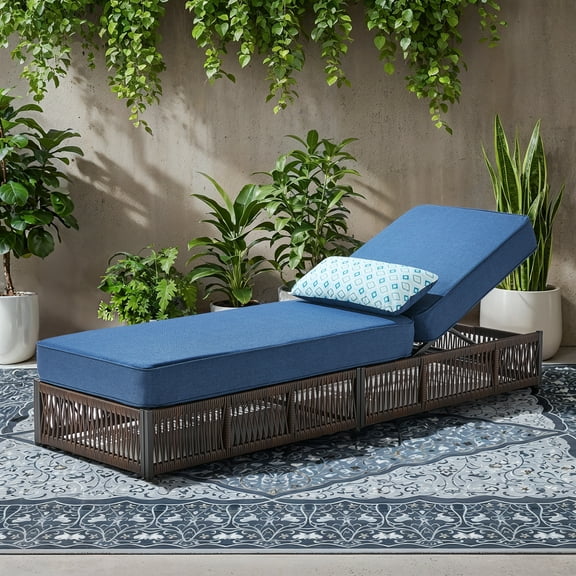 Opohoro Adjustable Outdoor Rattan Wicker Chaise Lounge for Patio, Poolside with UV-Resistant 5" Thick Cushion - Blue