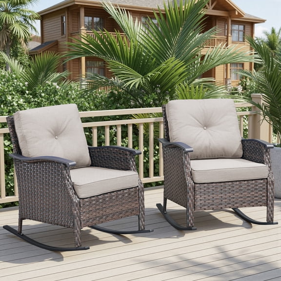 Opohoro Outdoor Glider Chair Wicker Chairs Set of 2, Brown PE Rattan Patio Rockers with Steel Armrest and Beige Cushions for Porch or Backyard
