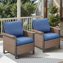 Opohoro Outdoor Lounge Brown Wicker Chairs Set of 2, Wide Armrest Patio Lounge Chairs with Blue Cushions for Porch or Deck
