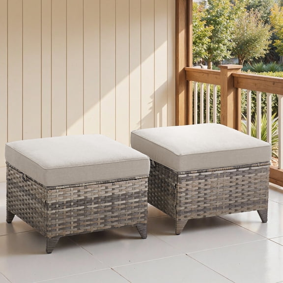 Opohoro Outdoor PE Wicker Ottomans Set of 2, Patio Gray Rattan Footrests with Beige Cushions for Backyard or Deck