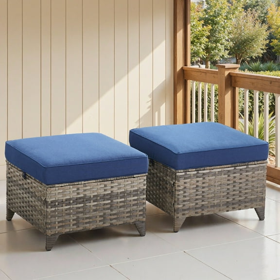 Opohoro Outdoor PE Wicker Ottomans Set of 2, Patio Gray Rattan Footrests with Blue Cushions for Backyard or Deck