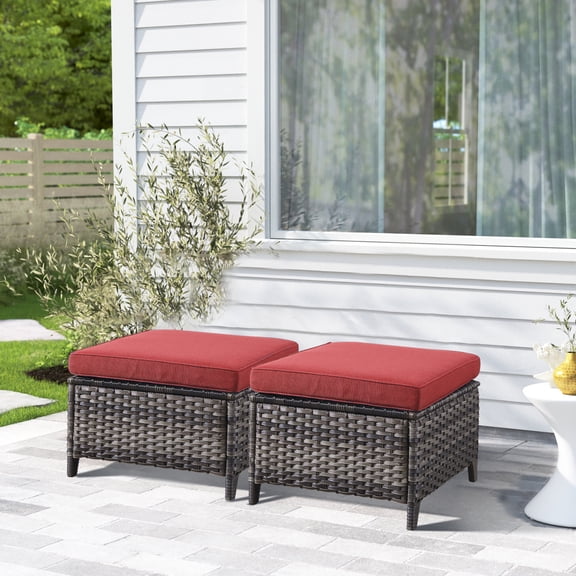 Opohoro Outdoor Patio Ottomans Set of 2 with Cushions, Rattan Footrest Footstool for Garden, Balcony, Poolside