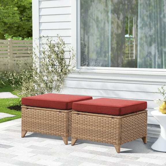 Opohoro Outdoor Patio Ottomans Set of 2 with Cushions, Rattan Footrest Footstool for Garden, Balcony, Poolside
