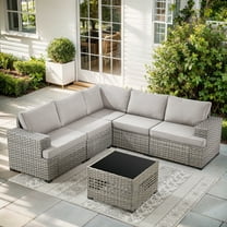 Opohoro Outdoor Sectional Furniture Set 6-Piece Gray Rattan Wicker Conversation Sofa Set with Glass Top Table
