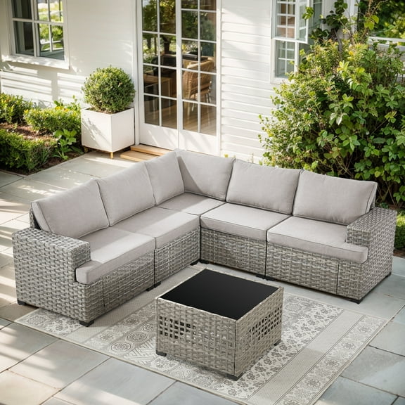 Opohoro Outdoor Sectional Furniture Set 6-Piece Gray Rattan Wicker Conversation Sofa Set with Glass Top Table