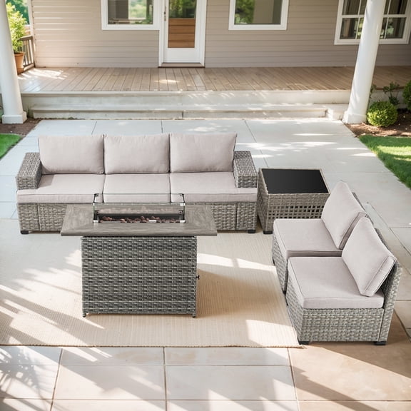 Opohoro Outdoor Sectional Furniture Set 7-Piece Gray Rattan Wicker Conversation Sofa Set with Side Table and Fire Pit