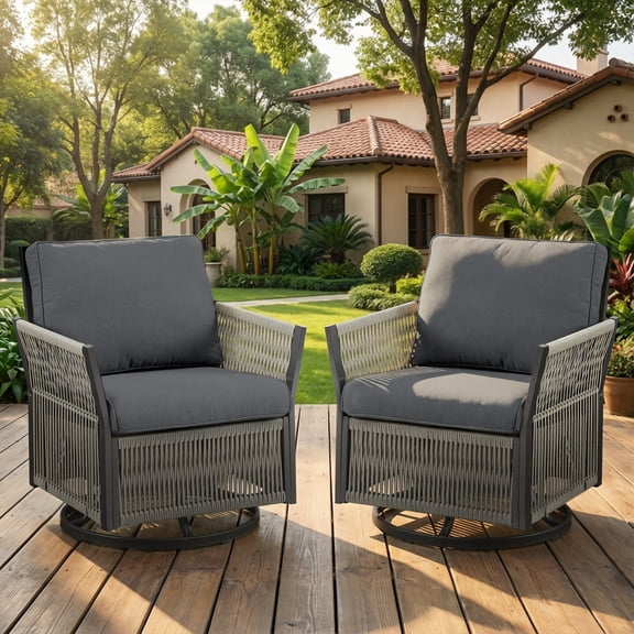 Opohoro Outdoor Swivel Chair Wicker Chairs Set of 2, Beige PE Rattan Patio Rockers with Gray Cushions for Porch or Backyard