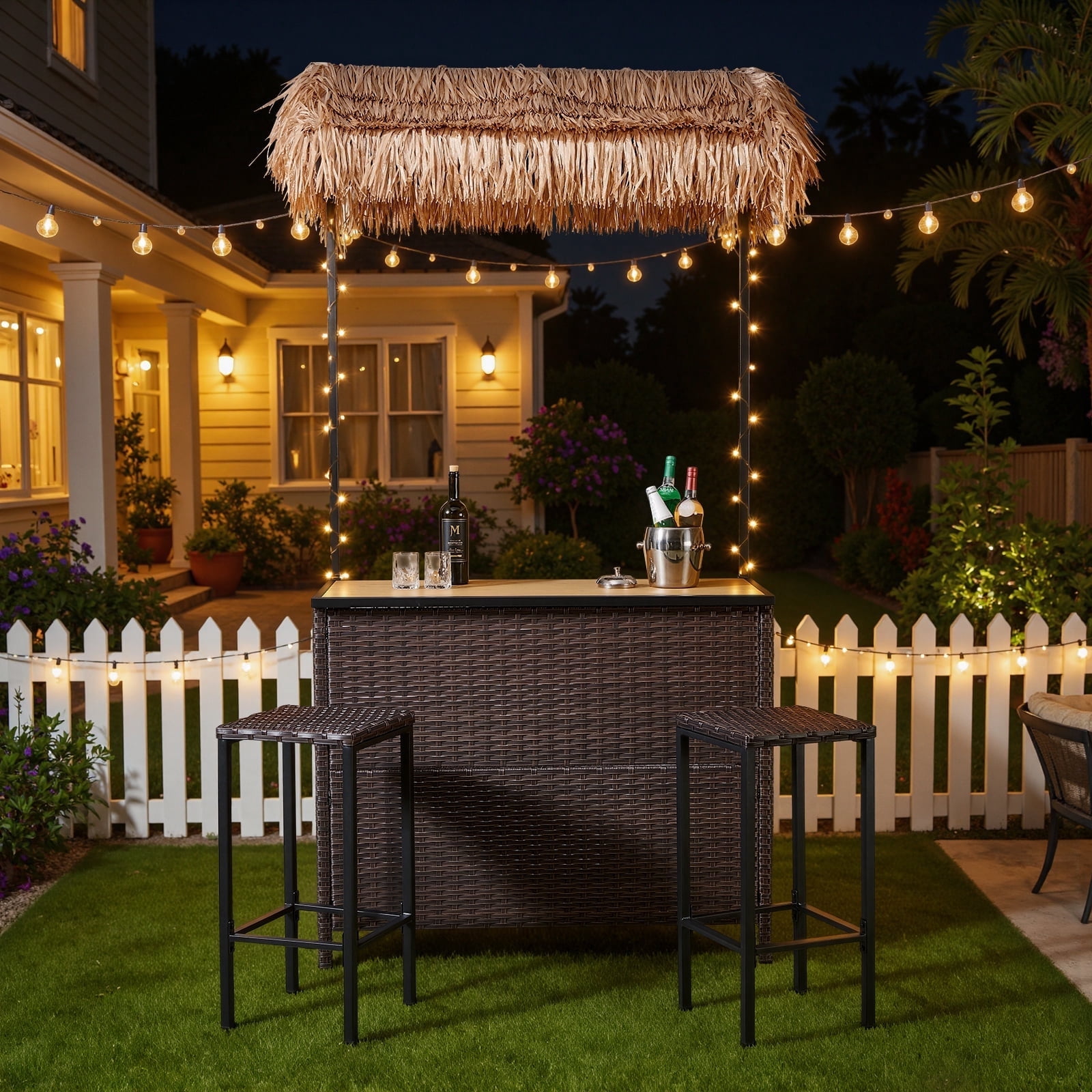 Opohoro Outdoor Tiki Bar Set with Canopy, 3-Piece Wicker Bar Table & 2 Stools with Storage, Backyard & Poolside Patio Bar Set, Brown