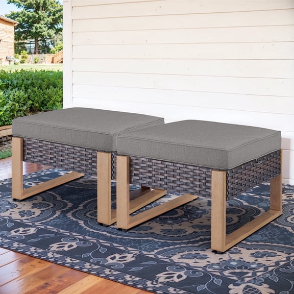 Opohoro Outdoor Wicker Ottomans Set of 2, Patio Rattan Footrests with Cushions, Weather-Resistant PE Wicker, Brown/Gray