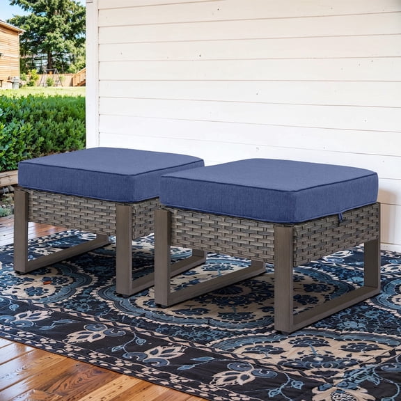 Opohoro Outdoor Wicker Ottomans Set of 2, Patio Rattan Footrests with Cushions, Weather-Resistant PE Wicker, Gray/Blue