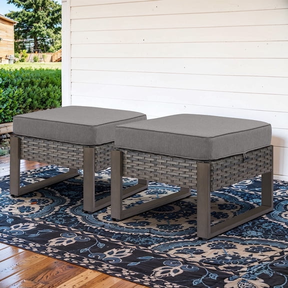 Opohoro Outdoor Wicker Ottomans Set of 2, Patio Rattan Footrests with Cushions, Weather-Resistant PE Wicker, Gray/Gray