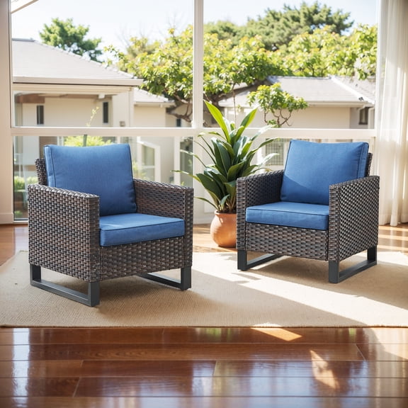 Opohoro Set of 2 Outdoor Patio Lounge Chairs, Square Armrest Wicker Patio Chairs with Cushions for Porch, Deck, Poolside & Yard, Brown Wicker Blue Cushions