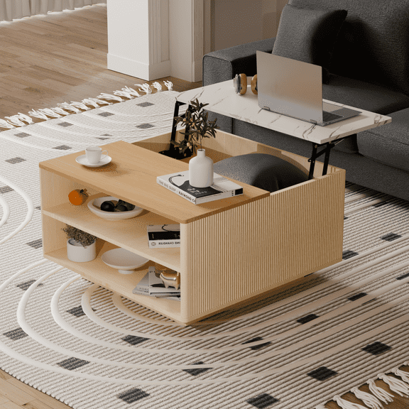 Opohoro Yellow Square Lift Top Coffee Table with Storage, Modern MDF Center Table with Half Lift Design and Open Shelves for Living Room