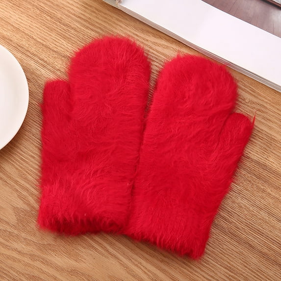 Opolski 1 Pair Adults Mittens Thickened Stretchy Soft Fuzzy Cozy Cold Resistant Solid Color Windproof Winter Women Gloves for Outdoor Rose Red