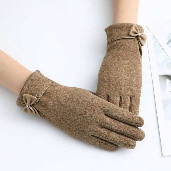 Opolski 1 Pair Bowknot Decor Thickened Solid Color Women Gloves Autumn Winter Fleece Lining Full Finger Driving Gloves Red