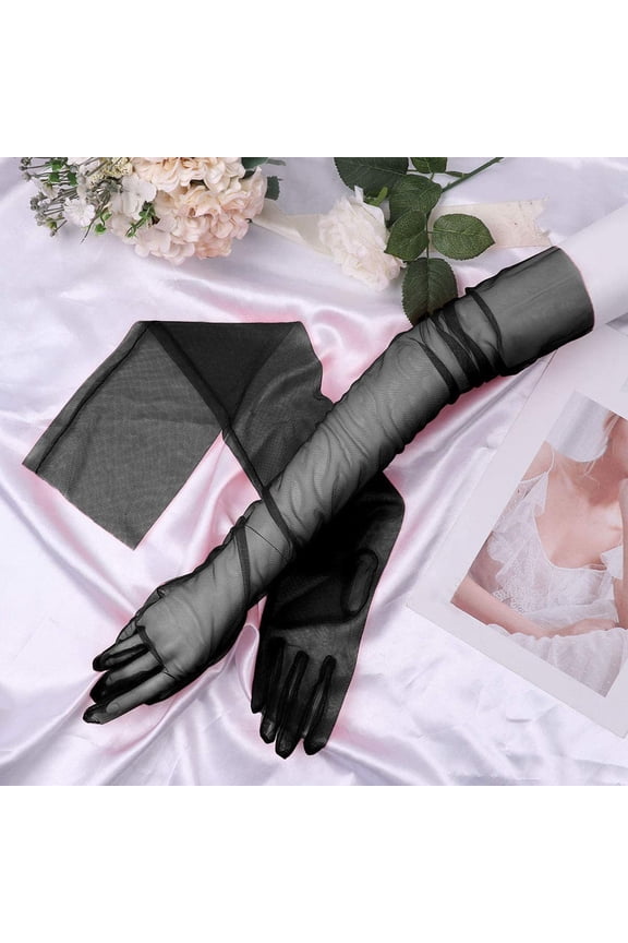 1 Pair Bridal Gloves Over Sleeve Soft See-through Tulle Ultra-thin Decorative High-end Anti-slip Dress Gloves for Party Black