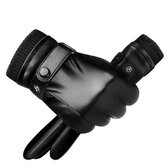 Opolski 1 Pair Fleece Lining Ribbed Cuffs Adjustable Buttons Full Finger Men Gloves Winter Windproof Faux Leather Cycling Gloves Brown