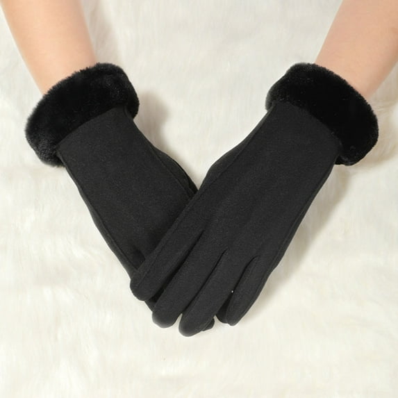Opolski 1 Pair Full Finger Solid Color Women Gloves Plush Lining Fluffy Cuffs Winter Thermal Gloves Hand Protect Cover Black