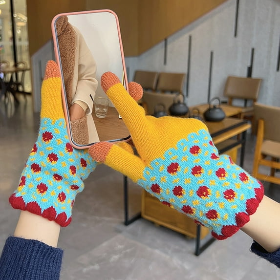 Opolski 1 Pair Jacquard Pattern Patchwork Color Unisex Gloves Winter Thickened Fleece Lining Knitting Gloves Yellow