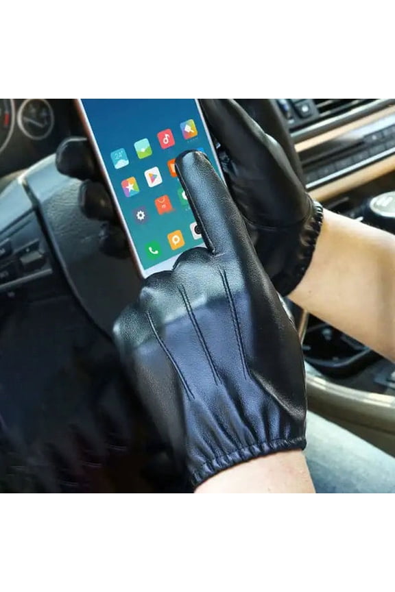 1 Pair Men Gloves Faux Leather Plush Full Fingers Winter Mittens for Outdoor Black 2