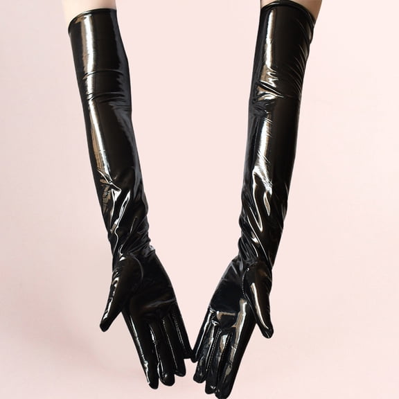 Opolski 1 Pair Nightclub Gloves Soft Paint Finish Long Full Fingers Over Elbow Decorative Patent Leather Punk Style Women Club Gloves for Party Black