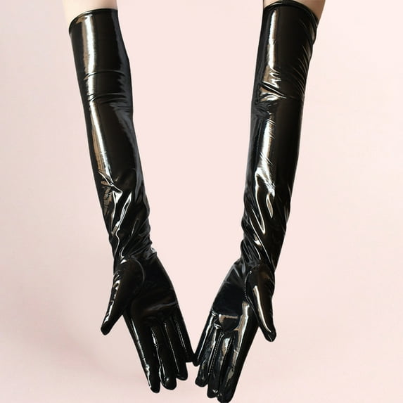 Opolski 1 Pair Nightclub Gloves Soft Paint Finish Long Full Fingers Over Elbow Decorative Patent Leather Punk Style Women Club Gloves for Party Black