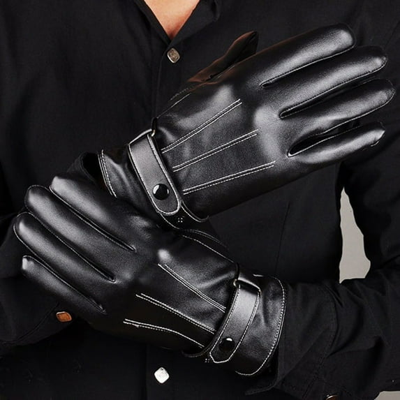 Opolski 1 Pair Ridding Gloves Windproof Full Finger Thermal Keep Warm Faux Leather Well Sensitive Men Cycling Bike Gloves for Daily A