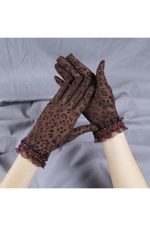 1 Pair Wedding Gloves See-through Thin Lace Leopard Print Hollow Out Decorate Shirring Vintage Breathable Prom Gloves for Dating Black