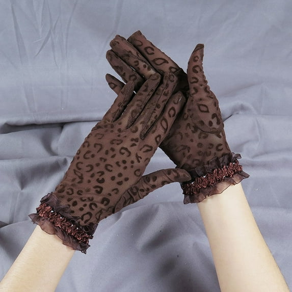 Opolski 1 Pair Wedding Gloves See-through Thin Lace Leopard Print Hollow Out Decorate Shirring Vintage Breathable Prom Gloves for Dating Coffee